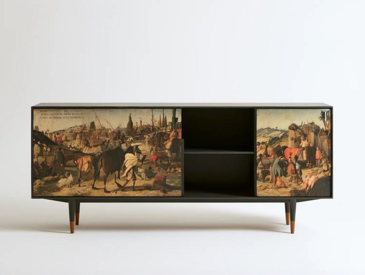 Czarna komoda z 2 przesuwnymi frontami z nadrukiem 180 × 40 × 80 cm