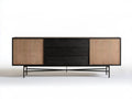 Komoda czarna z naturalnym rattanem, 2 drzwi i 3 szuflady, 210 x 45 x 80 cm