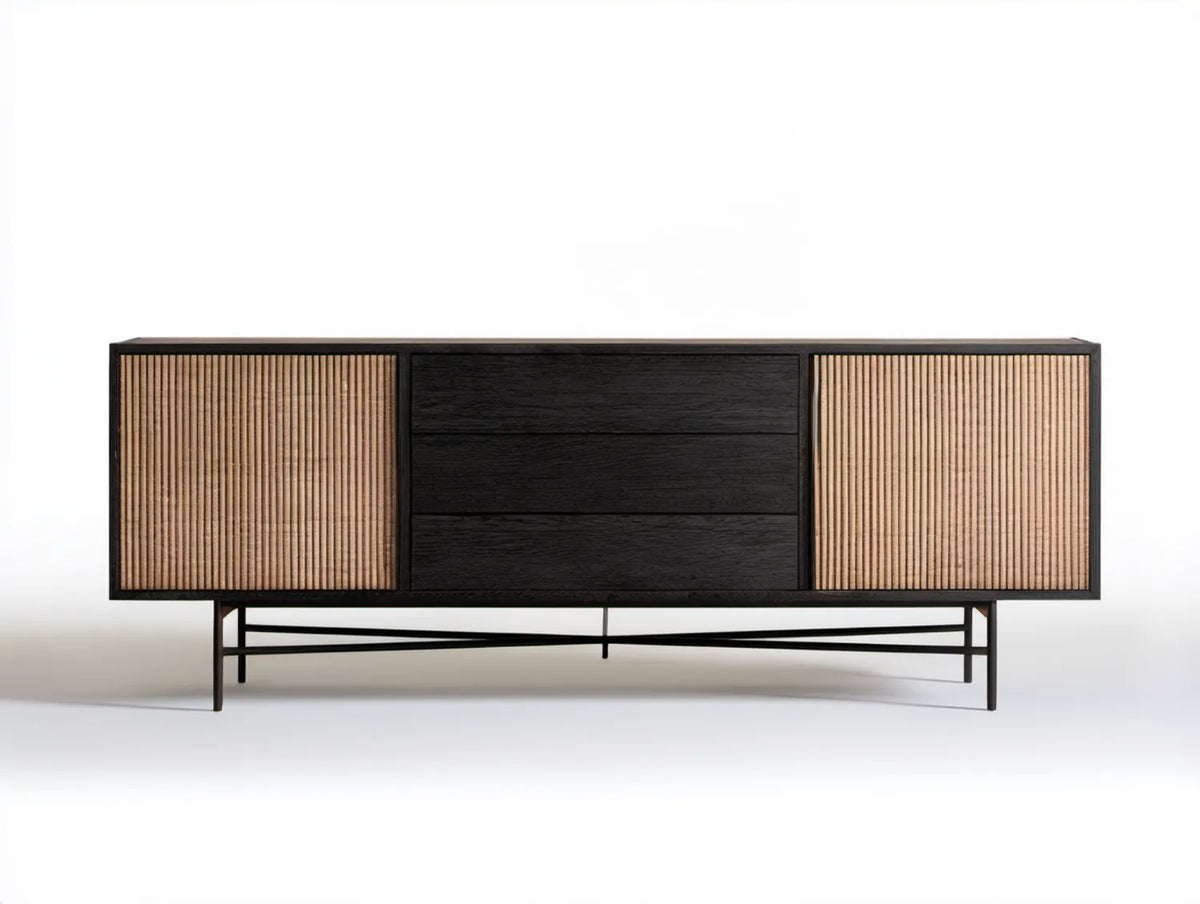 Komoda czarna z naturalnym rattanem, 2 drzwi i 3 szuflady, 210 x 45 x 80 cm