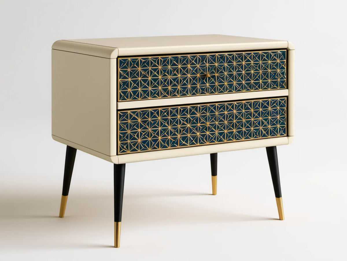 Kremowo-granatowy stolik nocny MDF 60 x 40 x 60 cm z 2 szufladami i złotym ornamentem