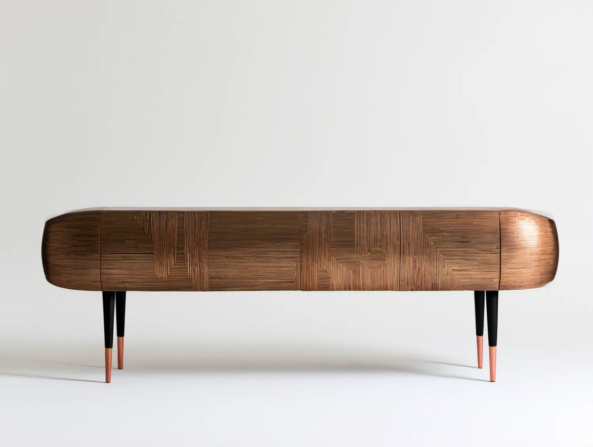 Kredens z litego drewna orzechowego 180 x 45 x 80 cm brązowy z czarnymi i miedzianymi nogami