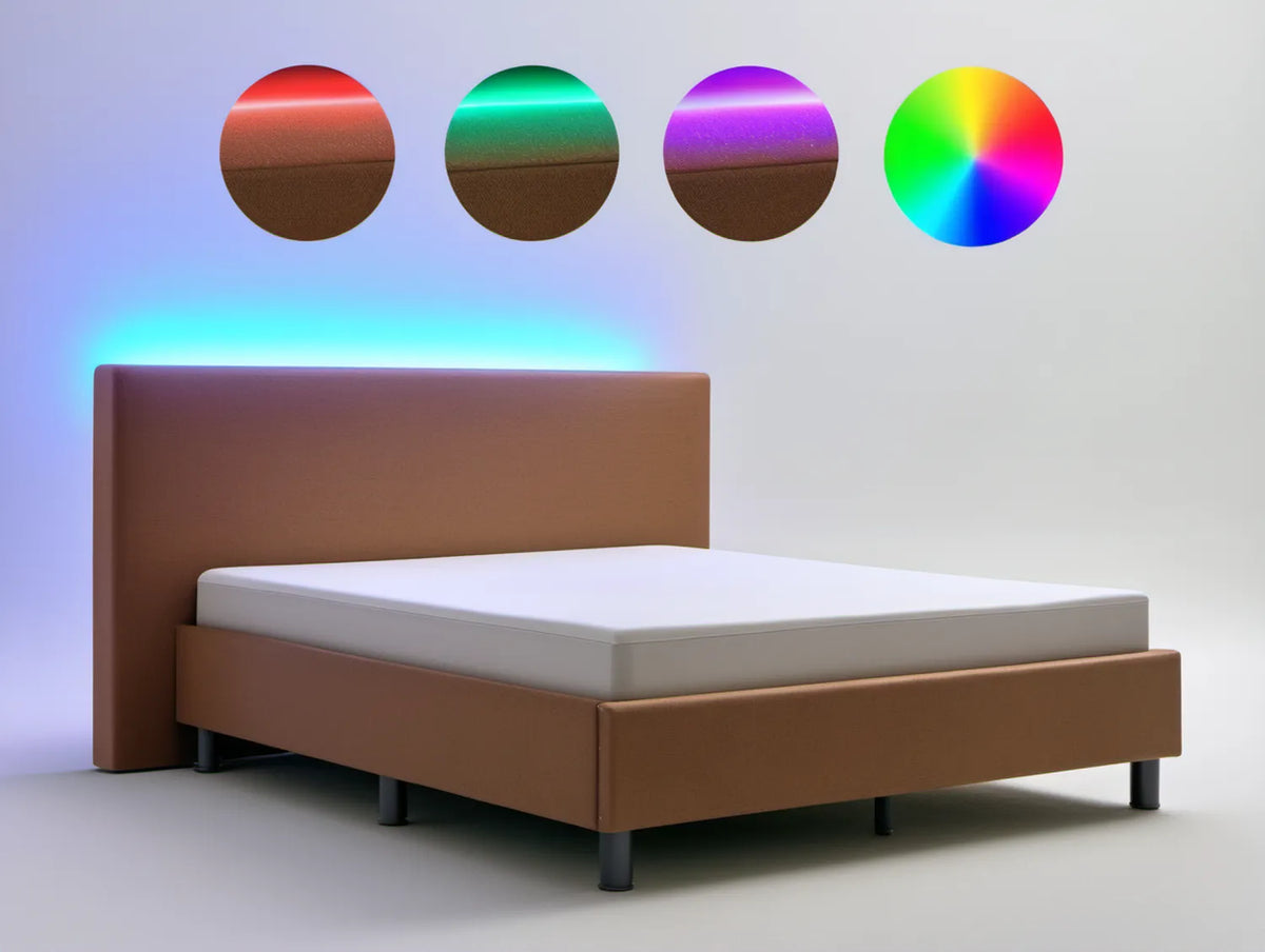 Brązowe tapicerowane łóżko z ekoskóry z oświetleniem LED RGB 160 x 200 cm