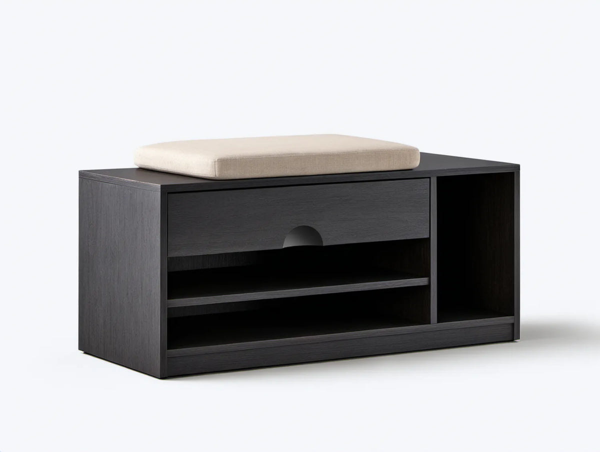 Czarna szafka na buty z beżowym siedziskiem, MDF, 100 x 35 x 50 cm