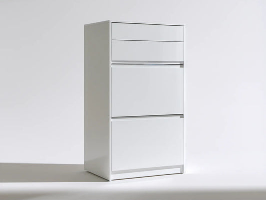 Biała szafka na buty z płyty MDF laminowanej 63 x 24 x 120 cm z 3 uchylnymi komorami