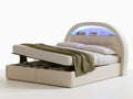 Beżowe łóżko ze skóry syntetycznej PU z pojemnikiem i oświetleniem LED 180 x 200 cm