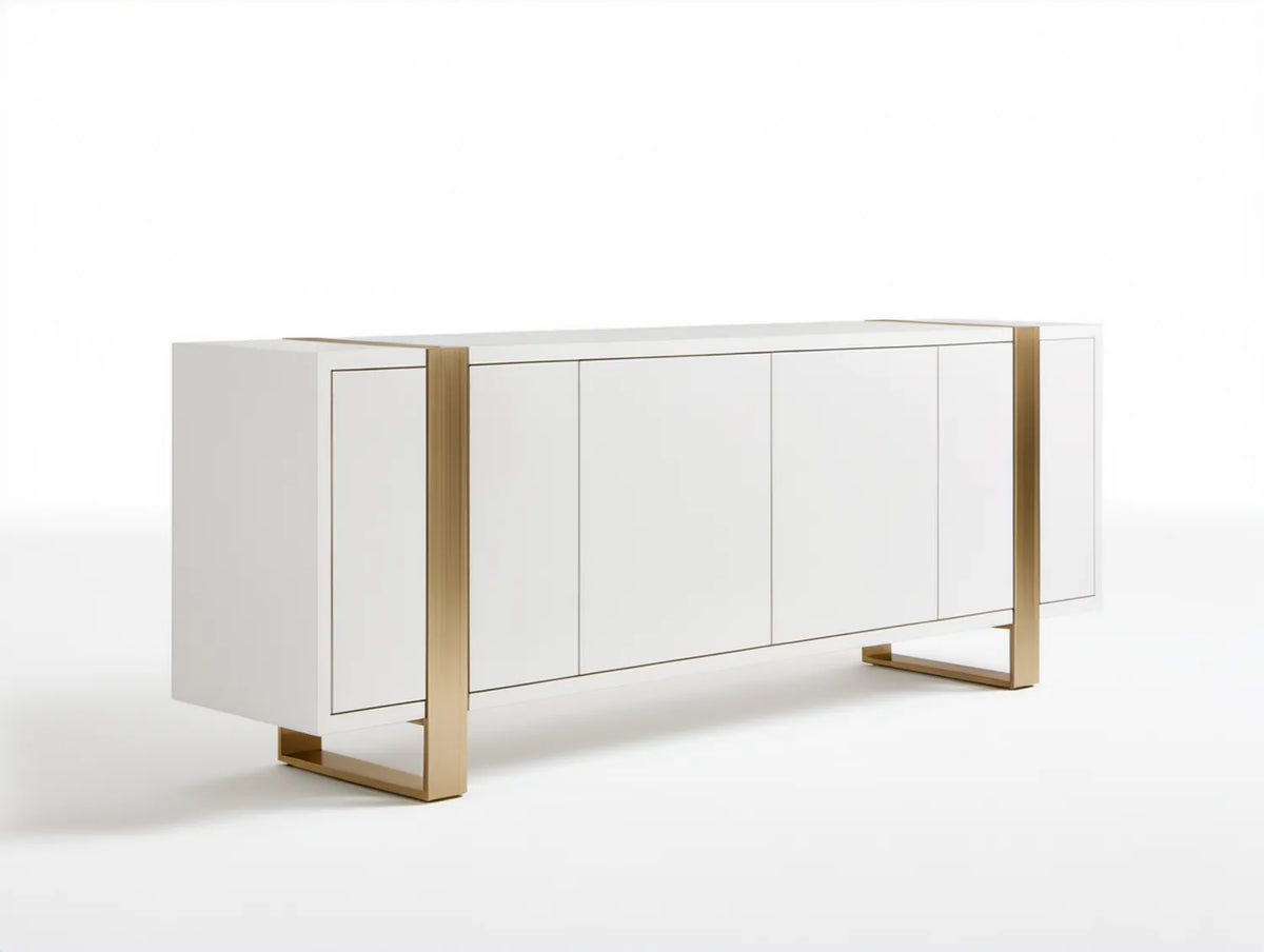 Czterodrzwiowy kredens z MDF ze stalową podstawą 180 × 45 × 85 cm Biały/Złoty