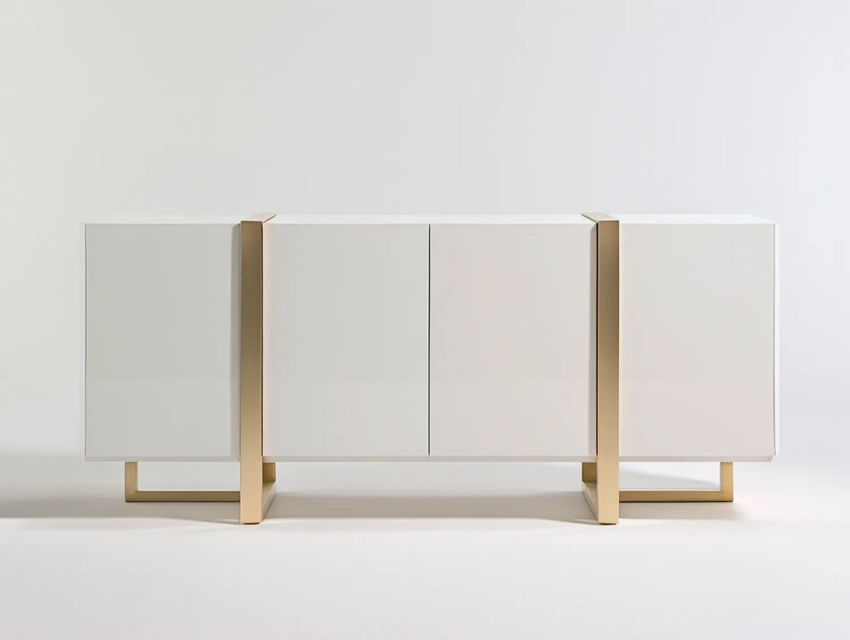 Biało-złoty kredens czterodrzwiowy z MDF i stalową podstawą, 180 x 40 x 80 cm