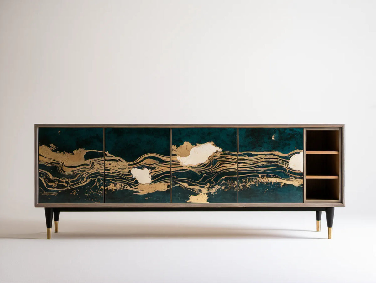 Kredens granatowo-złoto-kremowo-czarny z płyty MDF, 180 x 40 x 80 cm