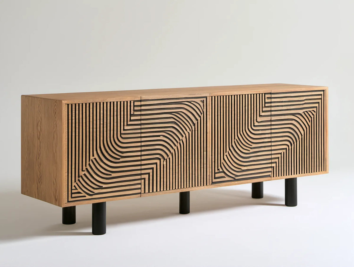 Kredens z litego drewna dębowego z geometrycznym frezowaniem, naturalny dąb/czarny, 180 x 45 x 80 cm